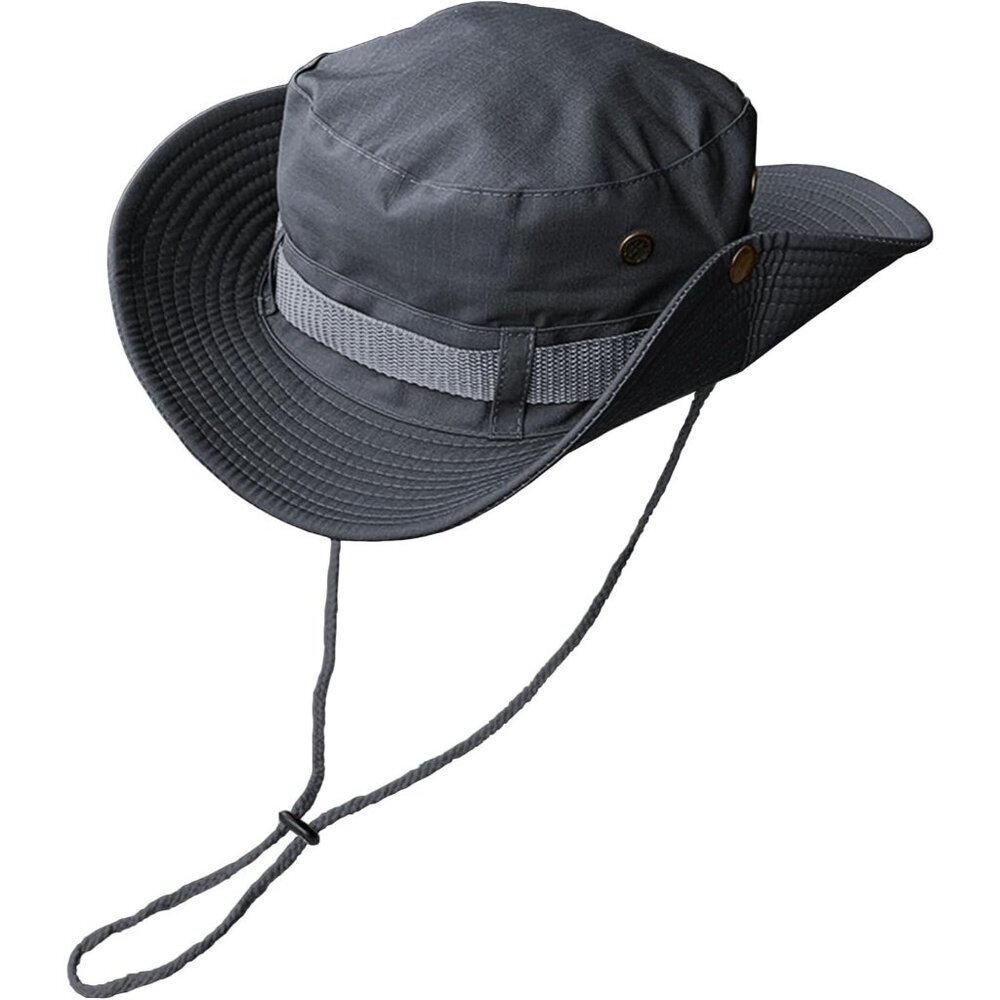 Unisex Grey 100% Polyester Wide Brim Boonie With Chin Strap Classic Hiking Hat